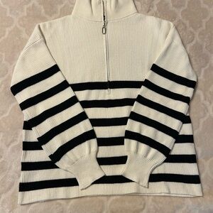 Elegant Black and Ivory Striped 3/4 zip Sweater